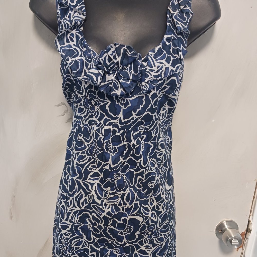 Ann Taylor Navy and White Floral Ruffle-Trim Dress